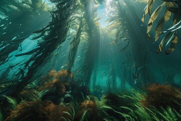 Wall Mural - close-up of kelp forest, with schools of fish swimming among the fronds, created with generative ai
