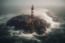 A Lighthouse With A Light On Top Standing In The Midst Of Foggy Sea That Surrounds Rocks And A Boat. Generative AI