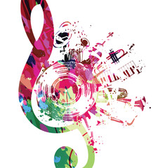 Wall Mural - Colorful musical poster with G-clef, LP vinyl record disc and musical instruments vector illustration. Playful background for live concert events, music festivals and shows, party flyer