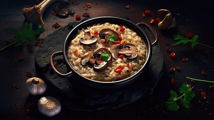 Mushroom risotto vegetarian meal on dark background. Generative AI