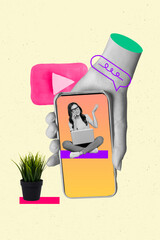 Poster - Composite collage of young woman with laptop business influencer famous youtube icon blogger call partners isolated on beige background
