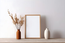 Empty Wooden Picture Frame Mockup Hanging On White Wall Background. Boho-shaped Vases With Dried Flowers On Table.Working Space, Home Office. Modern Interior. Generative AI Technology