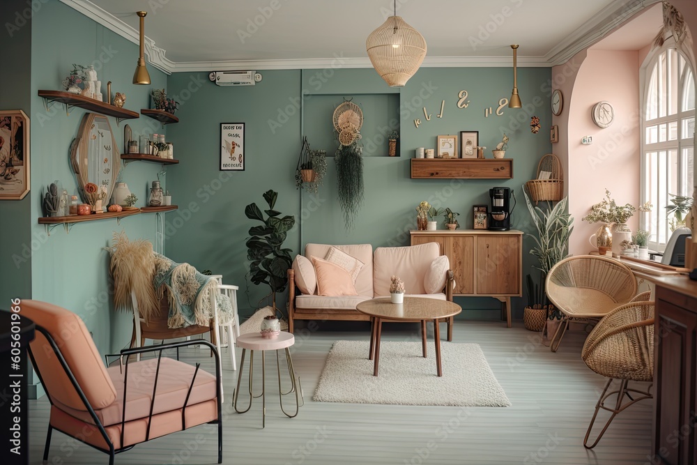 lofi interior with pastel colors, retro furniture and vintage details ...