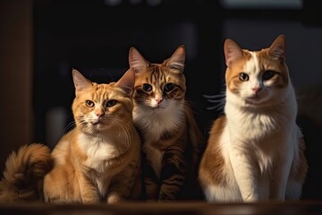 Wall Mural - group of cats sitting and looking at camera, with warm and inviting atmosphere, created with generative ai