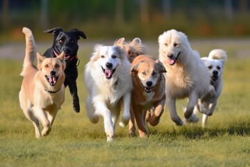 group of dogs playing in field, with their eyes fixed on the ball, created with generative ai