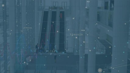 Poster - Animation of changing numbers and connecting dots against aerial view of escalators at office