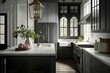 a modern farmhouse kitchen with sleek cabinets, marble countertops, and an oversized lantern, created with generative ai