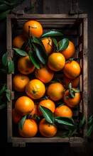 Box Of Oranges Over View. Fresh Natural Tropical Citrus In Wooden Box. Generative AI.