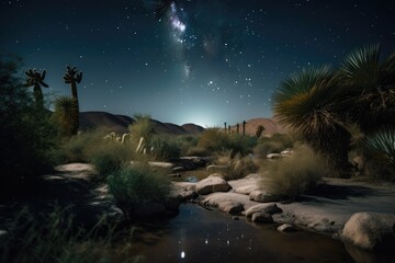 Wall Mural - night sky with stars and the moon shining over a desert oasis, created with generative ai