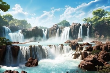 Poster - Isolated tropical beach creative design with waterfall.Generative AI
