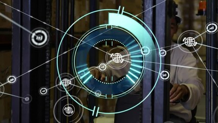 Poster - Animation of network of digital icons against biracial male worker operating forklift at warehouse