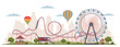 Amusement park panorama. Cartoon flat style isolated roller coaster, ferris wheel, various carousels and extreme attractions. Cty background, summer landscape, nowaday vector concept