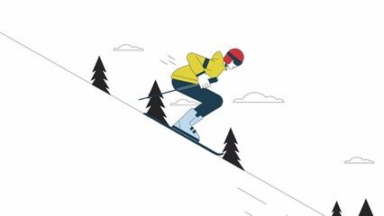 Fototapete - Skiing downhill animation. Animated freeskier holding ski sticks 2D cartoon flat colour line character. Skiing resort 4K video concept footage on white with alpha channel transparency for web design