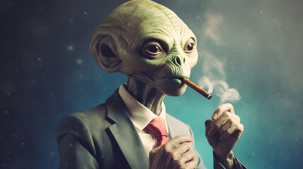 Magnificent Colorful Alien in Suit and Tie - Enjoying a Cigar