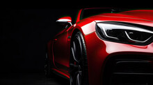 Close Up Red Luxury Car On Black Background With Copy Space	