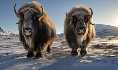 Wall Mural - Photo of Musk oxen, standing proud amidst a snowy landscape, their shaggy coats glistening in the sunlight showing their majestic horns, woolly fur, and rugged features. Generative AI