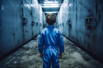 Poster - Modern child boy underground bunker. Generate Ai