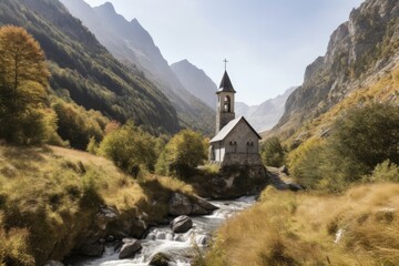 Sticker - chapel surrounded by towering mountains, with a stream running through the valley below, created with generative ai