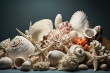 Assorted White Seashells And Corals On Blank Backdrop. Generative AI