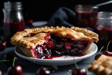 Sticker - cherry pie on a white plate, with cherry juice running down the sides, created with generative ai