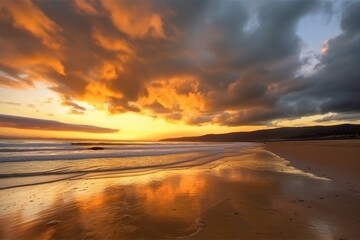 Wall Mural - golden beach at sunset, with warm colors and dramatic clouds in the sky, created with generative ai