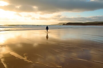 Wall Mural - person, taking peaceful walk on golden beach, with waves rolling in, created with generative ai