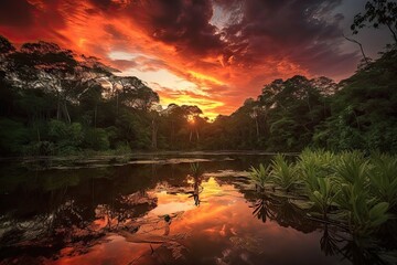 Wall Mural - jungle sunset with fiery sky and clouds against tranquil waters, created with generative ai