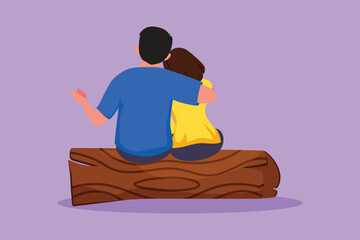 Wall Mural - Graphic flat design drawing of embracing romantic couple sitting on wooden log at park. Happy family. Couple in relationship in love. Happy man hugging partner woman. Cartoon style vector illustration