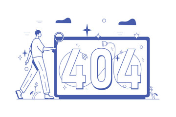 Aufkleber - Concept 404 not found with people scene in the flat cartoon design. A programmer is trying to fix an error that occurred in his computer during work. Vector illustration.
