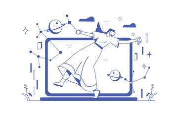 Aufkleber - Metaverse concept with people scene in the flat cartoon design. The girl is in a metauniverse, which she entered with the help of gadgets. Vector illustration.