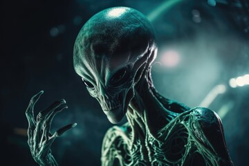 Poster - alien life form in the midst of a scientific experiment, using its advanced technology to explore and learn about the universe, created with generative ai