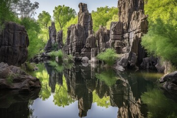 Wall Mural - natural rock formations towering over a tranquil pond with reflections, created with generative ai