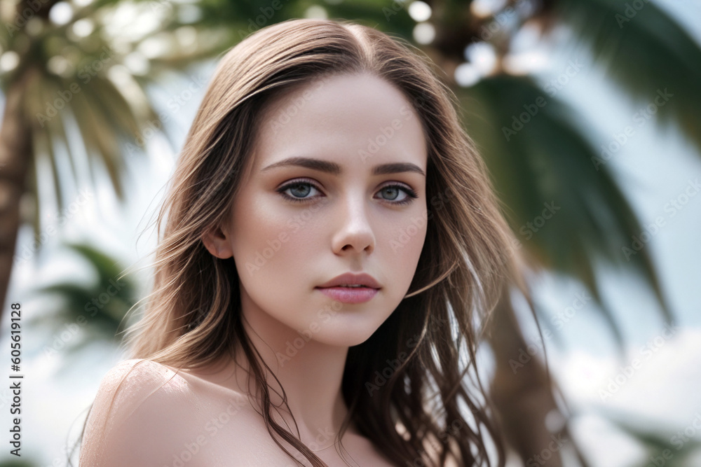 Beautiful woman with bare breast in the tropics under the palm trees. Generative AI Stock
