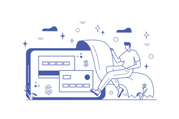 Aufkleber - Electronic receipt line concept with people scene in the flat cartoon style. The man receives an electronic receipt for making monetary transactions. Vector illustration.