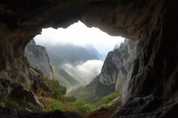 Sticker - mountain cave with view of misty valley below, surrounded by towering peaks, created with generative ai