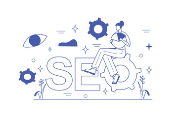 Aufkleber - Concept SEO optimization with people scene in the flat cartoon design. A specialist in optimization gets acquainted with the diagrams that were given to her for work. Vector illustration.