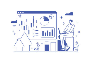 Poster - Stock market line concept with people scene in the flat cartoon style. The financier works at the stock exchange. Vector illustration.