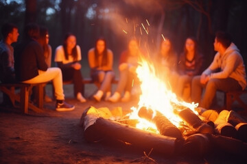 Group of people gathered around a campfire, telling stories, Independence Day, bokeh Generative AI