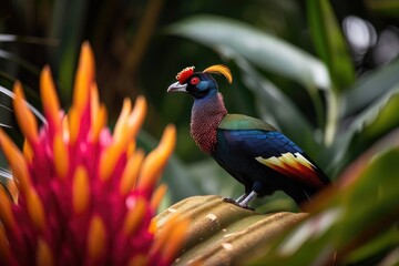 Canvas Print - exotic bird perched on blooming bromeliad in tropical garden, created with generative ai