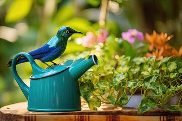 Wall Mural - exotic bird perched on watering can, with lush greenery in the background, created with generative ai