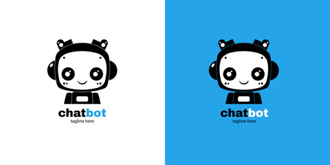 Robot chatbot head icon sign  design vector illustration  on white and blue background. Cute AI bot helper mascot character concept symbol business assistant.