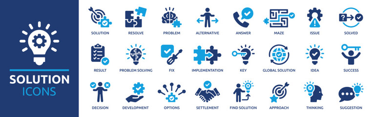 solution icon set. containing problem-solving, alternative, resolve, answer, maze, issue and success