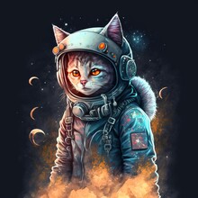 Illustration Of An Astronaut Cat In Flying Saucer Or Spaceship Psychedelic Art , Cute Cat Illustration , Sci Fi Cat, Cute