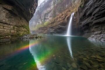 Sticker - majestic waterfall with rainbow reflection in a deep gorge, created with generative ai