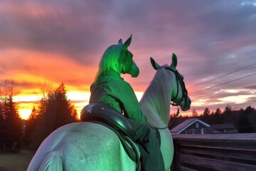 Wall Mural - a green alien sitting on the back of a horse, watching the sunset, created with generative ai
