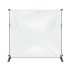 white blank folding square advertising banner on metal frame realistic vector mockup. empty portable