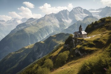 Poster - majestic mountains, with chapel and view of valley below, created with generative ai