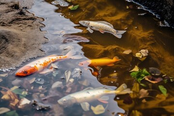 Canvas Print - chemical waste spill in marine environment, with dead fish and jellyfish floating on the surface, created with generative ai