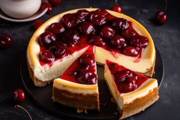 Canvas Print - cheesecake with slice cut out and cherry filling in the center, created with generative ai