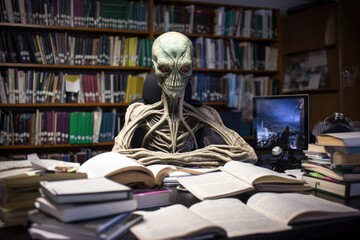 Wall Mural - alien student, surrounded by books and notes, in the library, created with generative ai